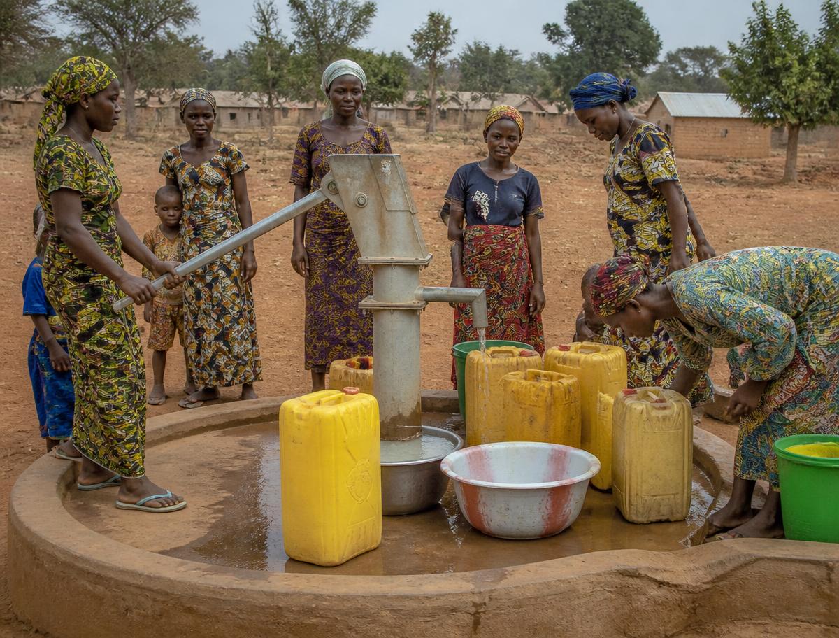Eau potable puisée à une pompe villageoise
