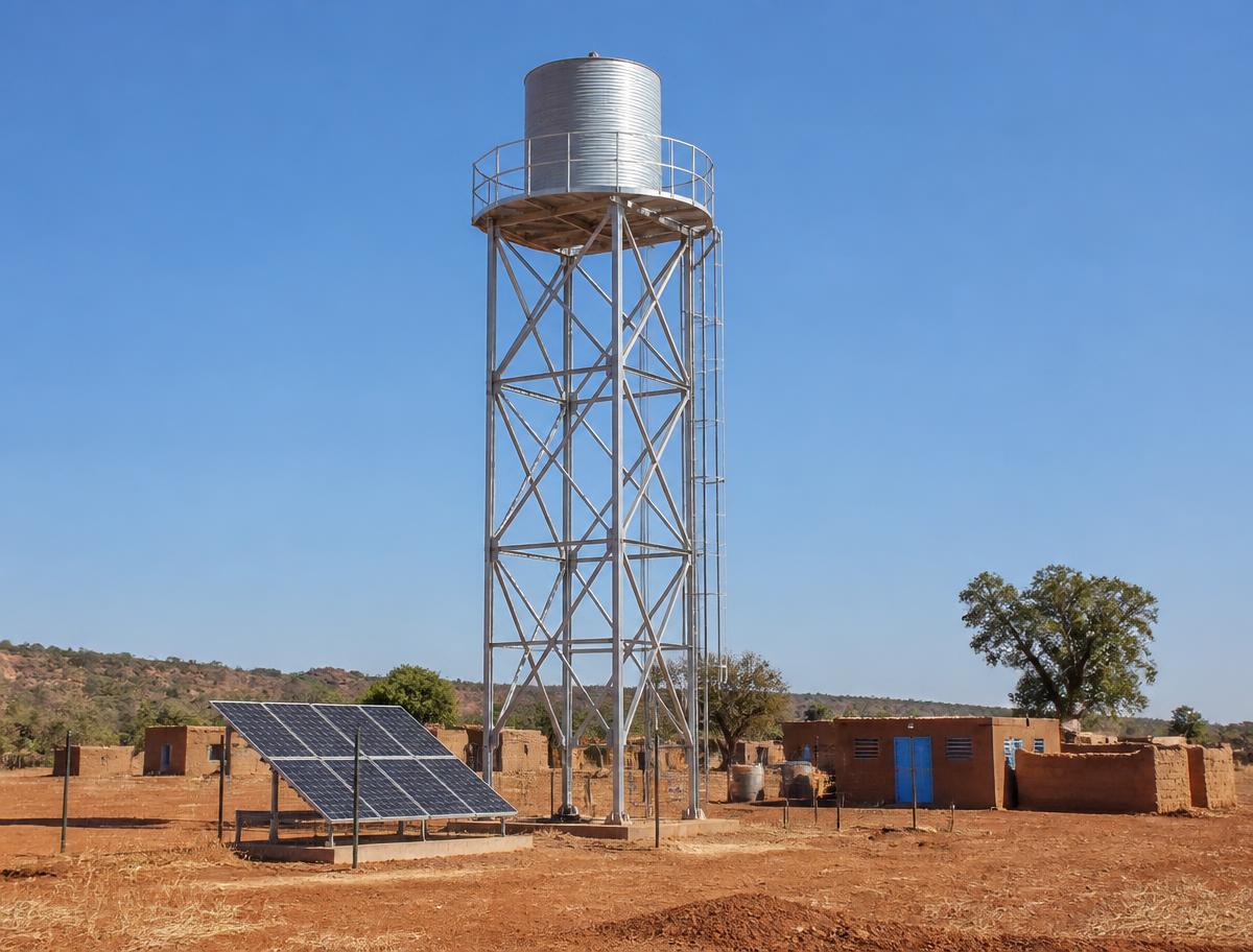 Installation de pompe solaire et château d'eau (image d'illustration)